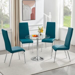 Dante Round Clear Glass Dining Table With 4 Dora Teal Chairs