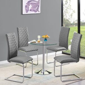 Dante Round Clear Glass Dining Table With 4 Ronn Grey Chairs