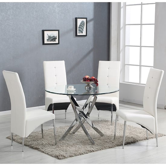 Daytona Glass Dining Table Round With 4 Vesta White Chairs