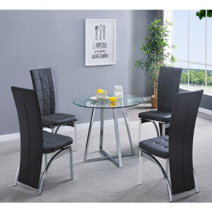 Melito Round Glass Dining Table With 4 Ravenna Black Chairs