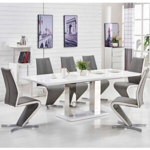 Monton Large Extending White Dining Table 8 Gia Grey Chairs