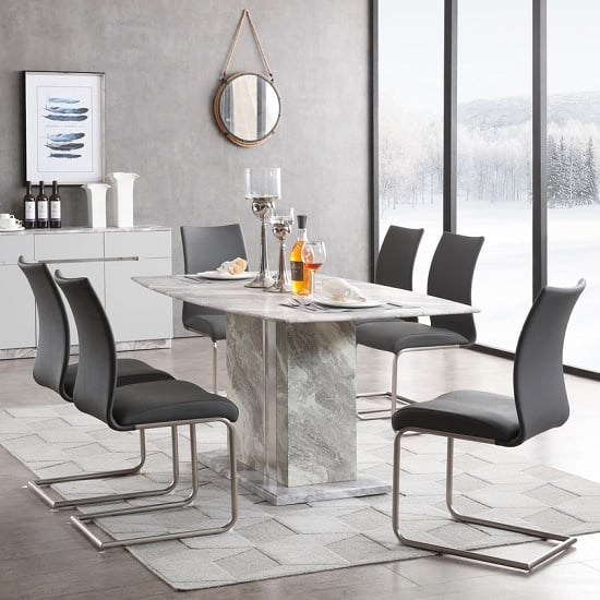 Nouvaro Marble Top Dining Table In Grey Paper With 6 Chairs