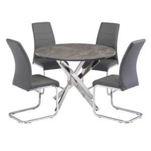Paroz Round Grey Glass Dining Table With 4 Sako Grey Chairs