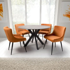 Gabri Brown Dining Table Round With 4 Malmo Orange Chairs