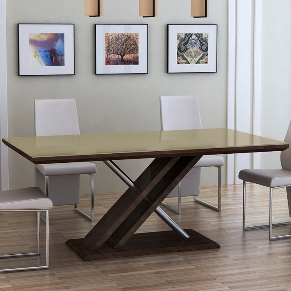 Cudahy Khaki Glass Dining Table With Dark Wooden Base