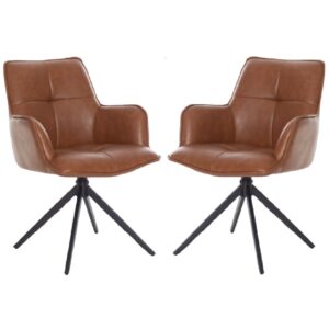 Joplin Tan PU Leather Dining Chairs With Metal Base In Pair
