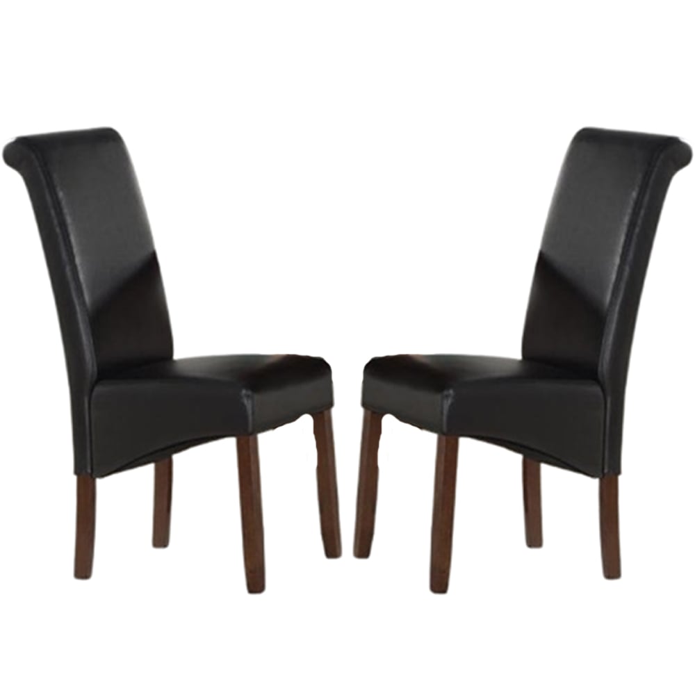 Seguin Black Leather Dining Chairs With Brown Legs In Pair