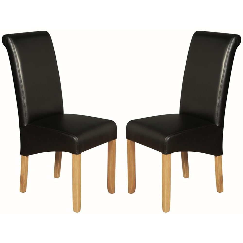 Seguin Black Leather Dining Chairs With Wooden Legs In Pair
