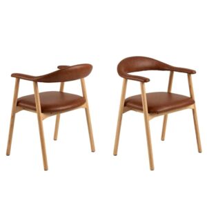 Allegan Brandy PU Leather Dining Chairs With Wooden Frame In Pair