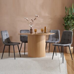 Avenel Wooden Round Dining Table With 4 Grey Chairs In Oak