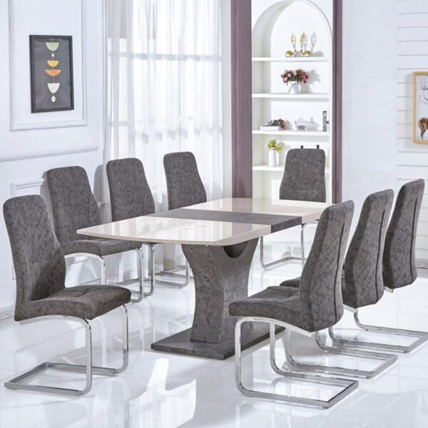 Beltran Gloss Extending Dining Table 8 Grey Chairs In Cream Stone