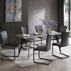 Bolivia Glass Dining Table With 6 Antique Grey Chairs In Blue Mist