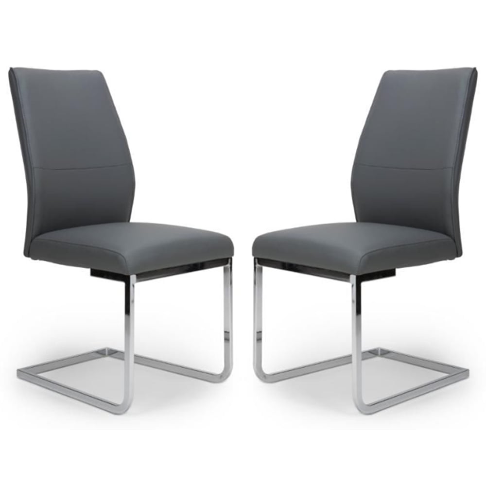 Prestina Grey Faux Leather Dining Chairs With Chrome Legs In Pair