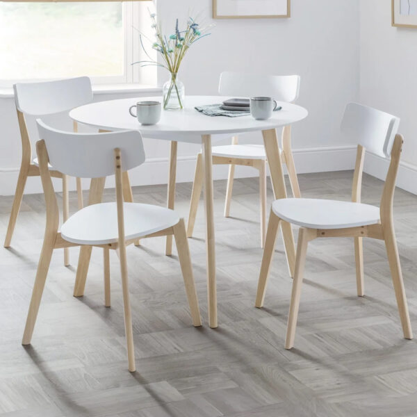 Calah Wooden Round Dining Table With 4 Chairs - White And Oak
