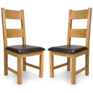 Hewitt Oak Wooden Dining Chairs With Black Leather Seat In Pair